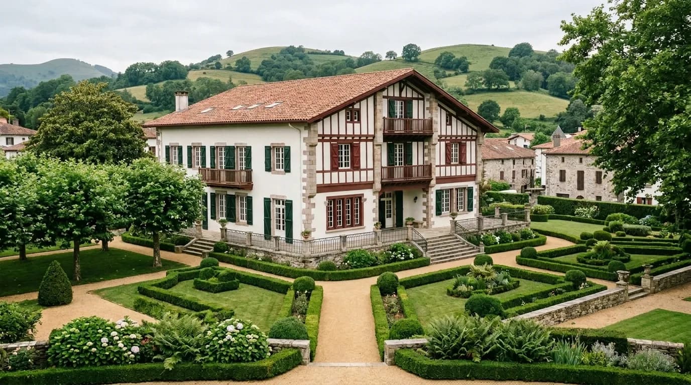 Illustration, bâti et paysage caractéristiques du Pays Basque autour de Cambo-les-Bains
