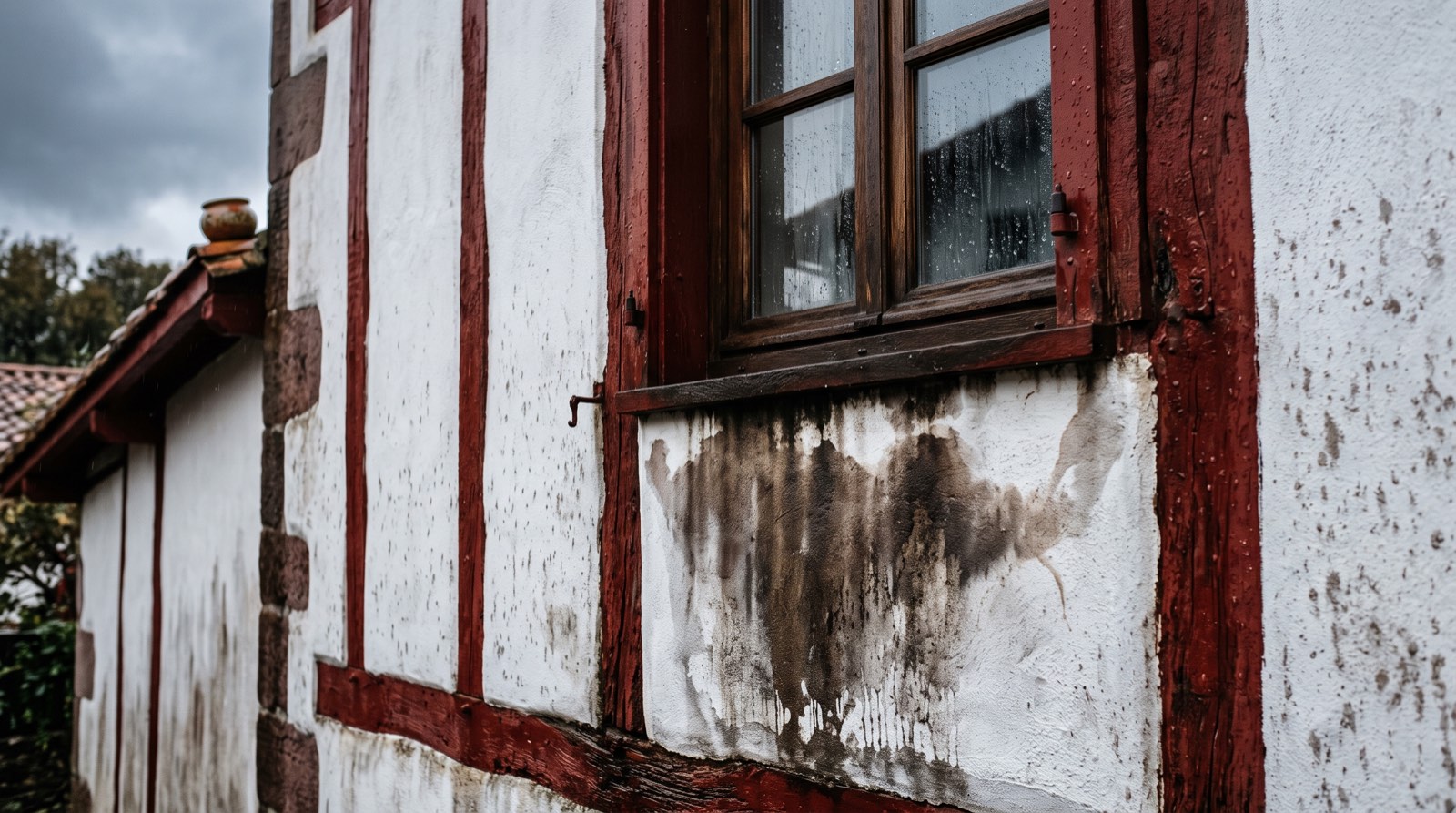 Façade à colombages rouges et blancs du Pays Basque avec une tache d'humidité sous une fenêtre après un épisode de pluie battante