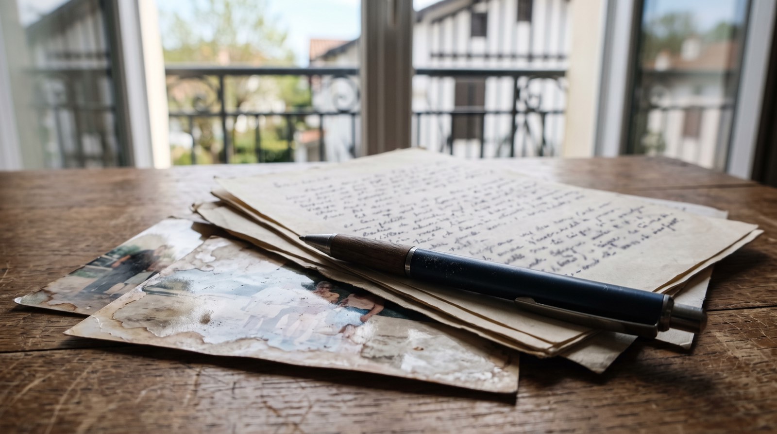 Constat et photographies d'un sinistre posés sur une table, avec en arrière-plan un balcon d'immeuble à colombages typique de Biarritz