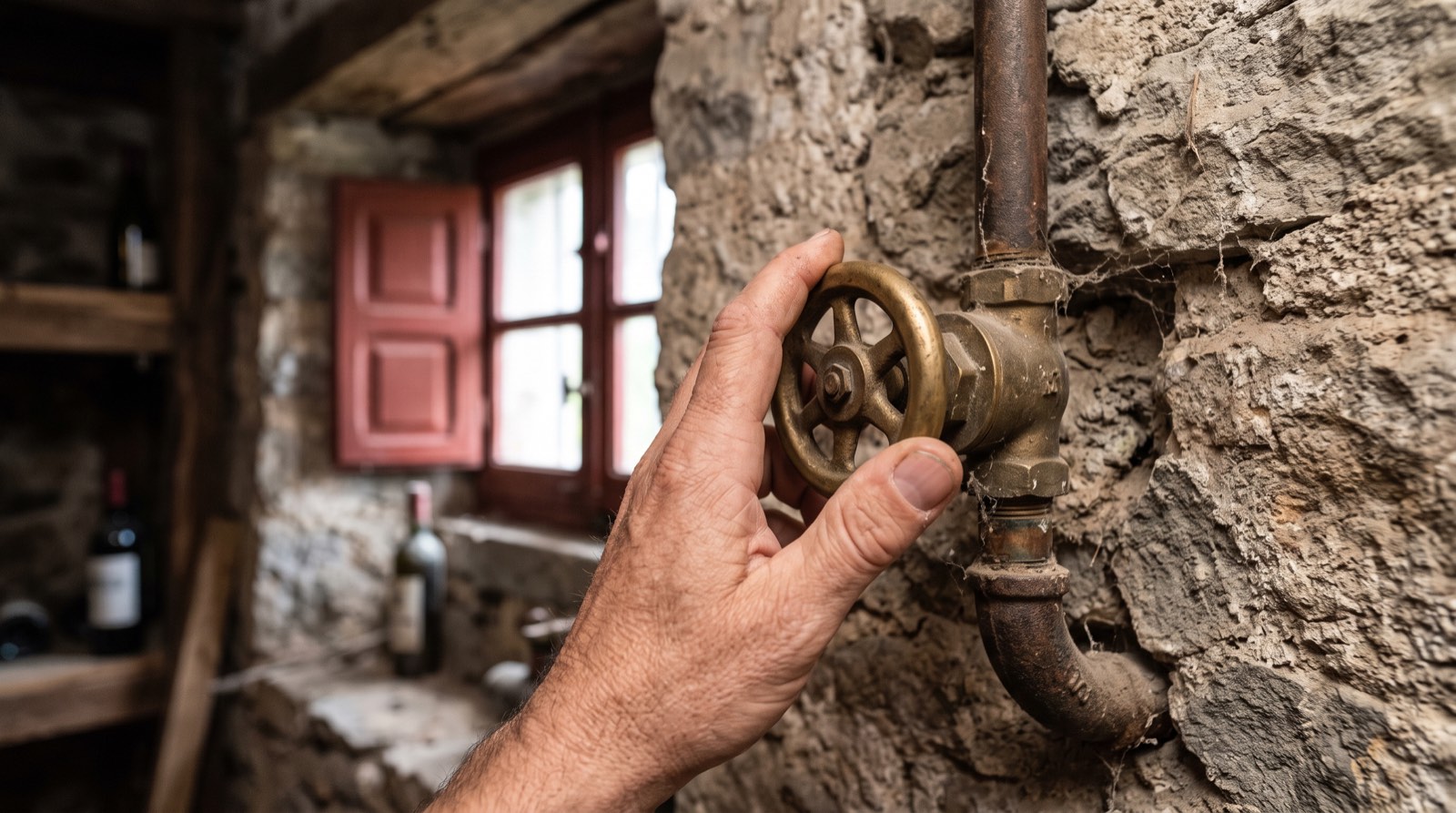 Main fermant la vanne d'arrivée d'eau générale dans le cellier en pierre d'une maison basque avant une longue absence
