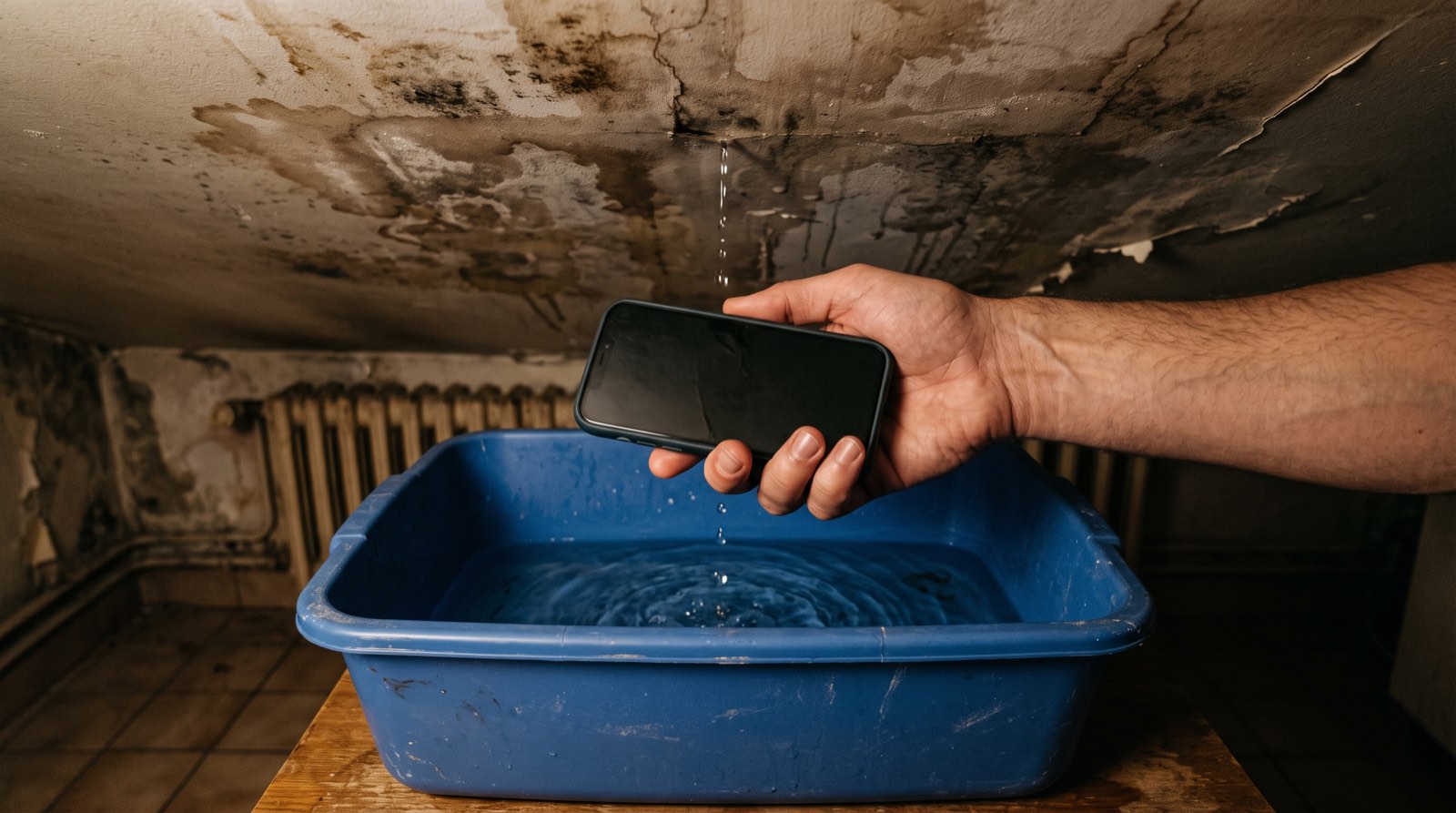 Récipient recueillant l'eau qui coule d'un plafond taché, photographié au smartphone pour documenter le sinistre