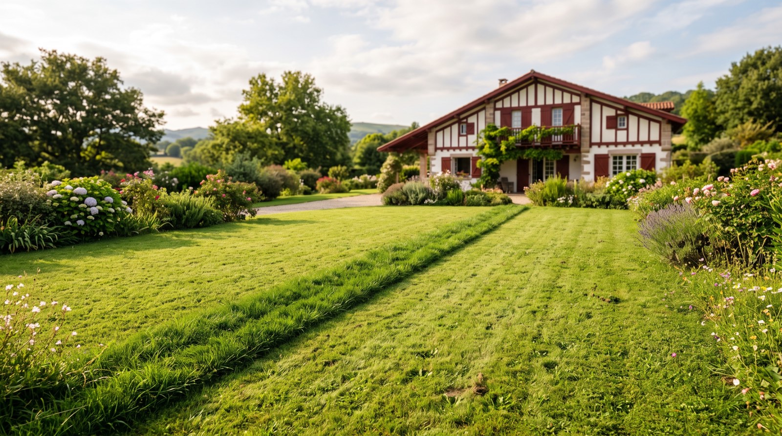 Bande de gazon plus dense et plus sombre traversant une pelouse, indice de surface devant une maison labourdine du Pays Basque