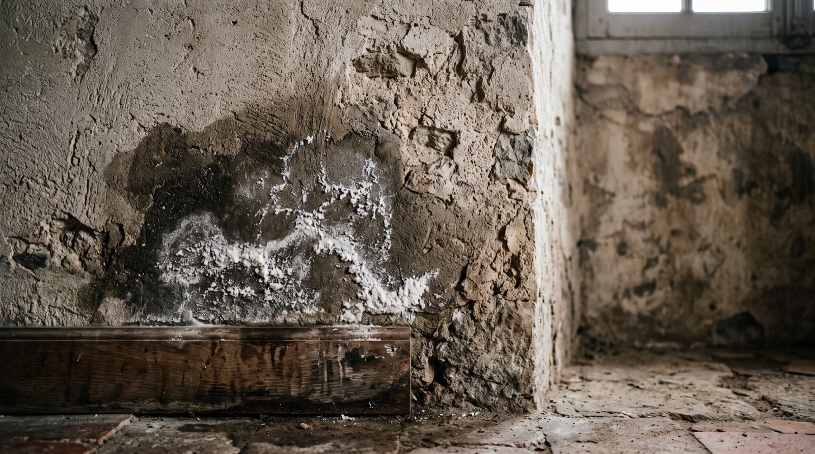 Bas de mur ancien en pierre avec dépôt blanchâtre de salpêtre au pied d'une plinthe, dans un bâti historique de Bayonne