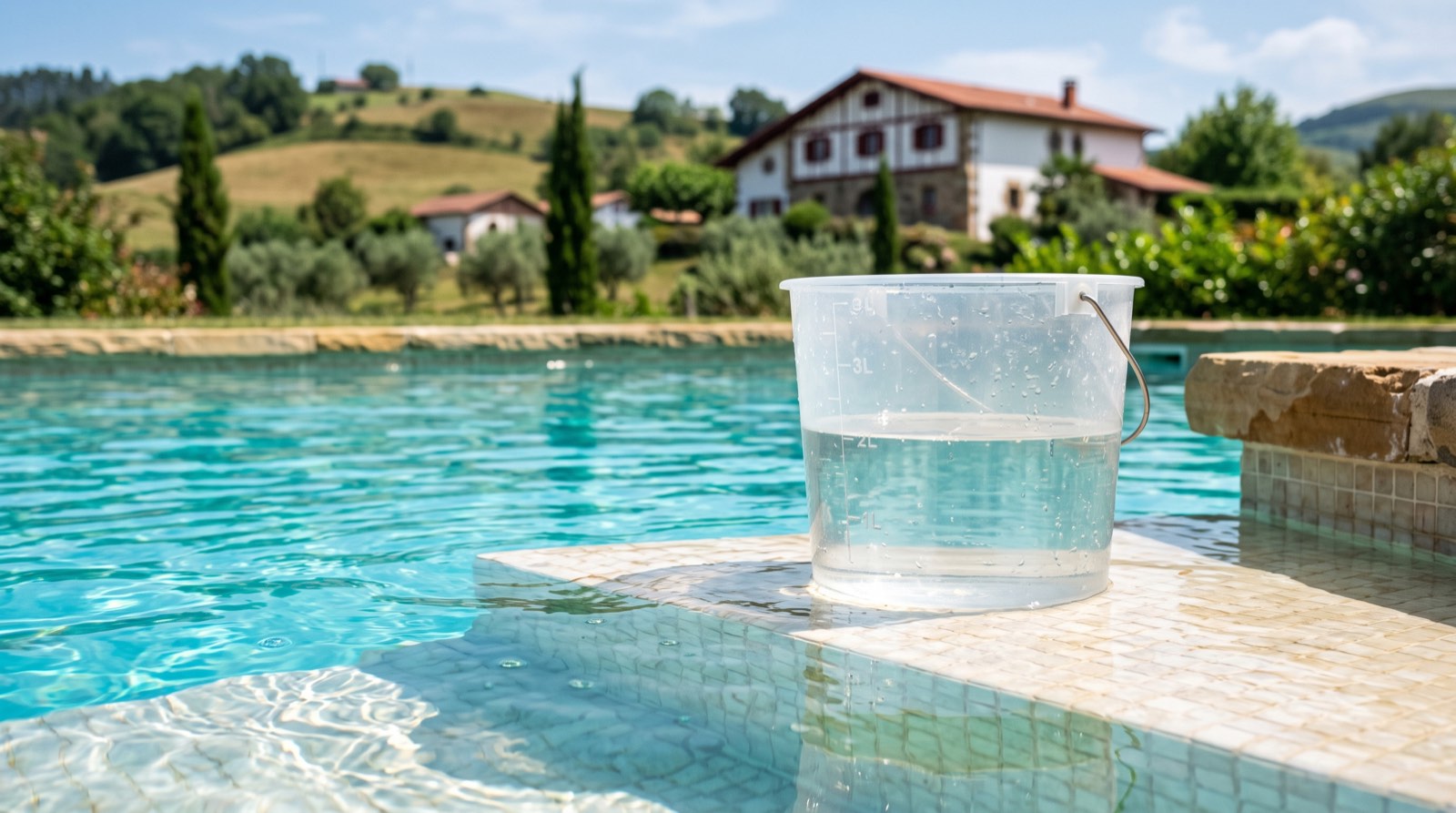 Récipient gradué posé sur la marge d'une piscine pour le test de comparaison à l'évaporation, maison basque en arrière-plan